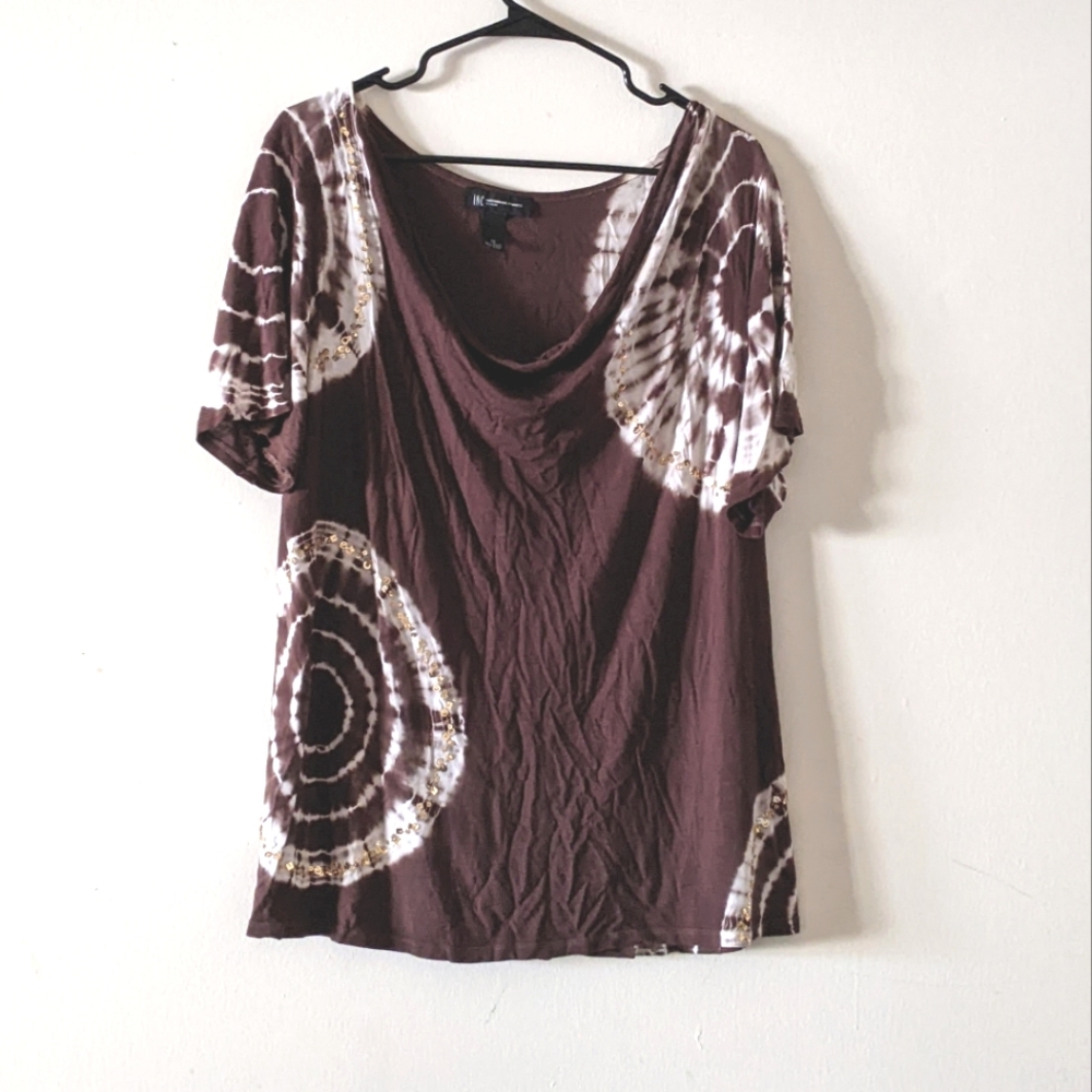 🌟 INC Brown Tie-Dye Short Sleeve Scoop Neck Gold Sequin Blouse Size 1X